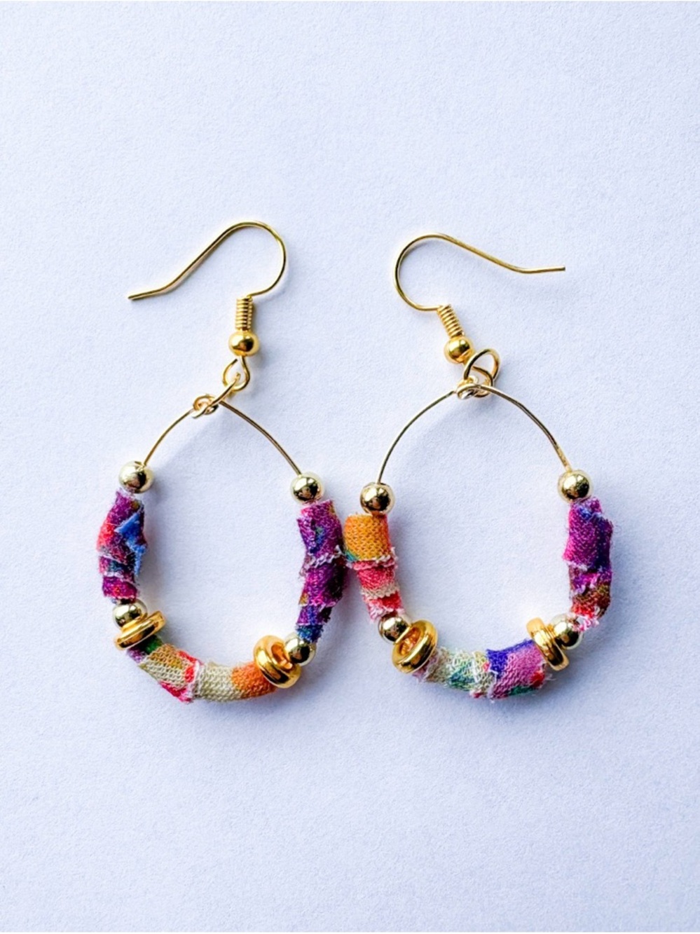 Gold Hoop Earrings with Multicolor Fabric Accents